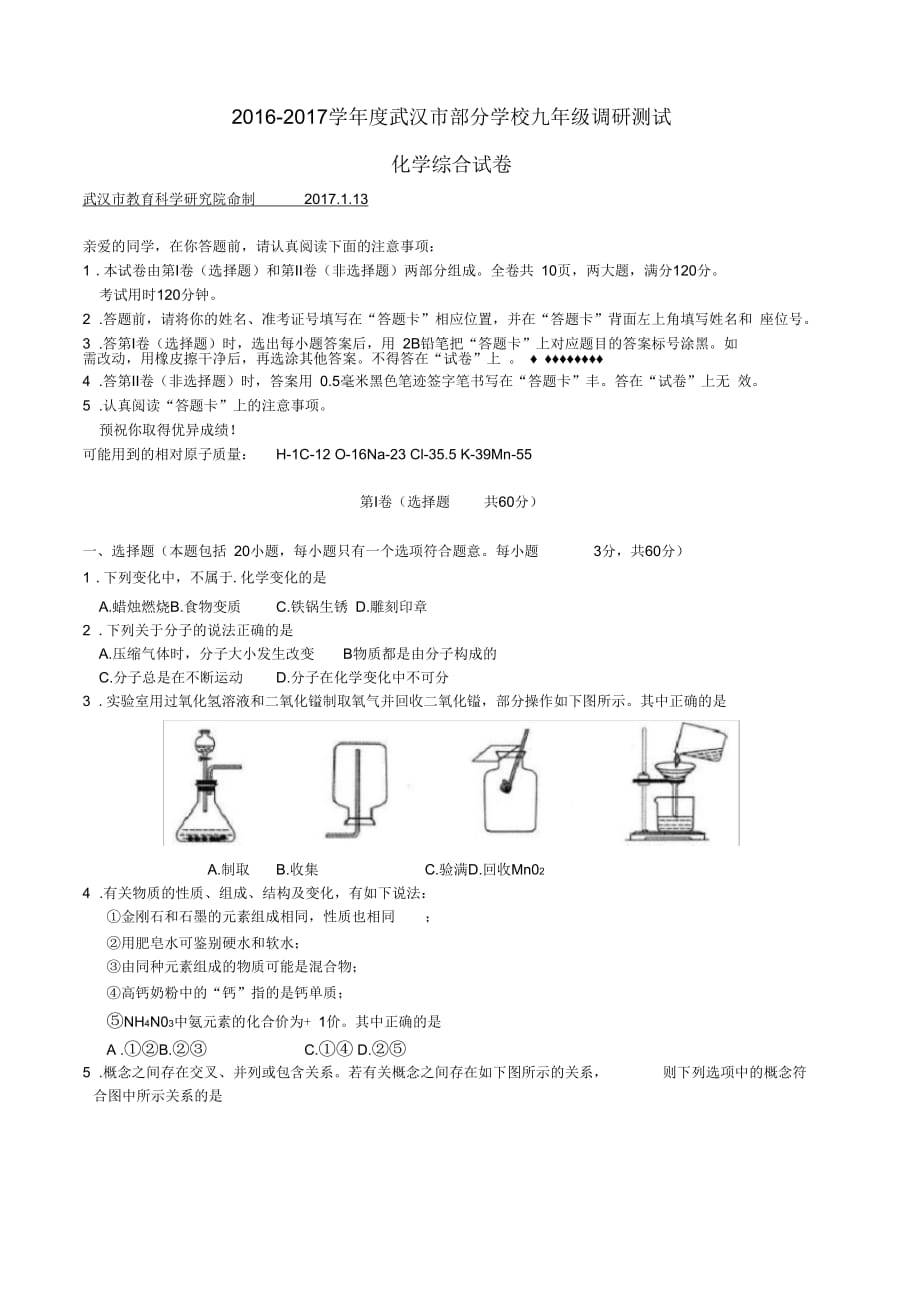 武汉市元调化学卷及答案_第1页