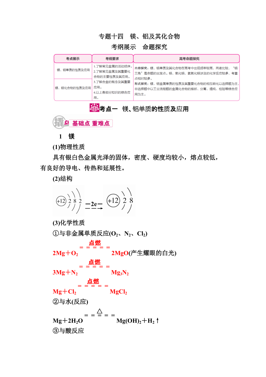 2018屆高考化學(xué)課時基礎(chǔ)知識點復(fù)習(xí)教學(xué)案14 專題十四 鎂、鋁及其化合物 考點一 鎂、鋁單質(zhì)的性質(zhì)及應(yīng)用_第1頁