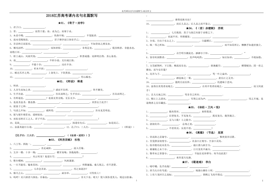 2018年江苏高考语文名句默写练习(最新编制)_第1页