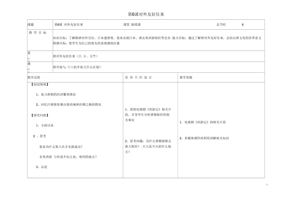 吉林省长春市第一零四中学七年级历史下册第6课对外友好往来教案新人教版_第1页