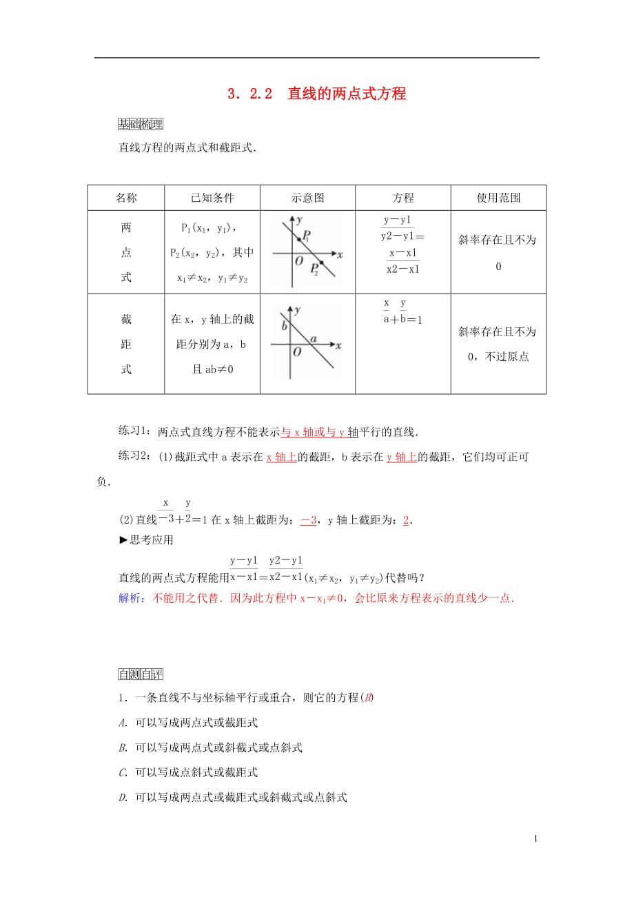 【金版學(xué)案】2015-2016高中數(shù)學(xué) 3.2.2直線的兩點(diǎn)式方程練習(xí) 新人教A版必修2_第1頁