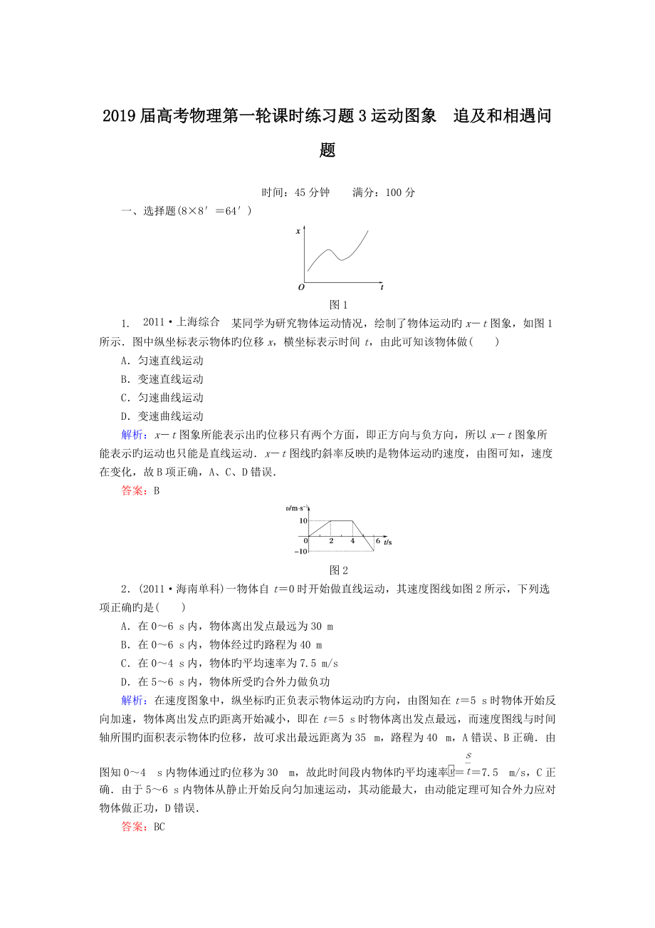 2019屆高考物理第一輪課時(shí)練習(xí)題3運(yùn)動(dòng)圖象 追及和相遇問(wèn)題_第1頁(yè)