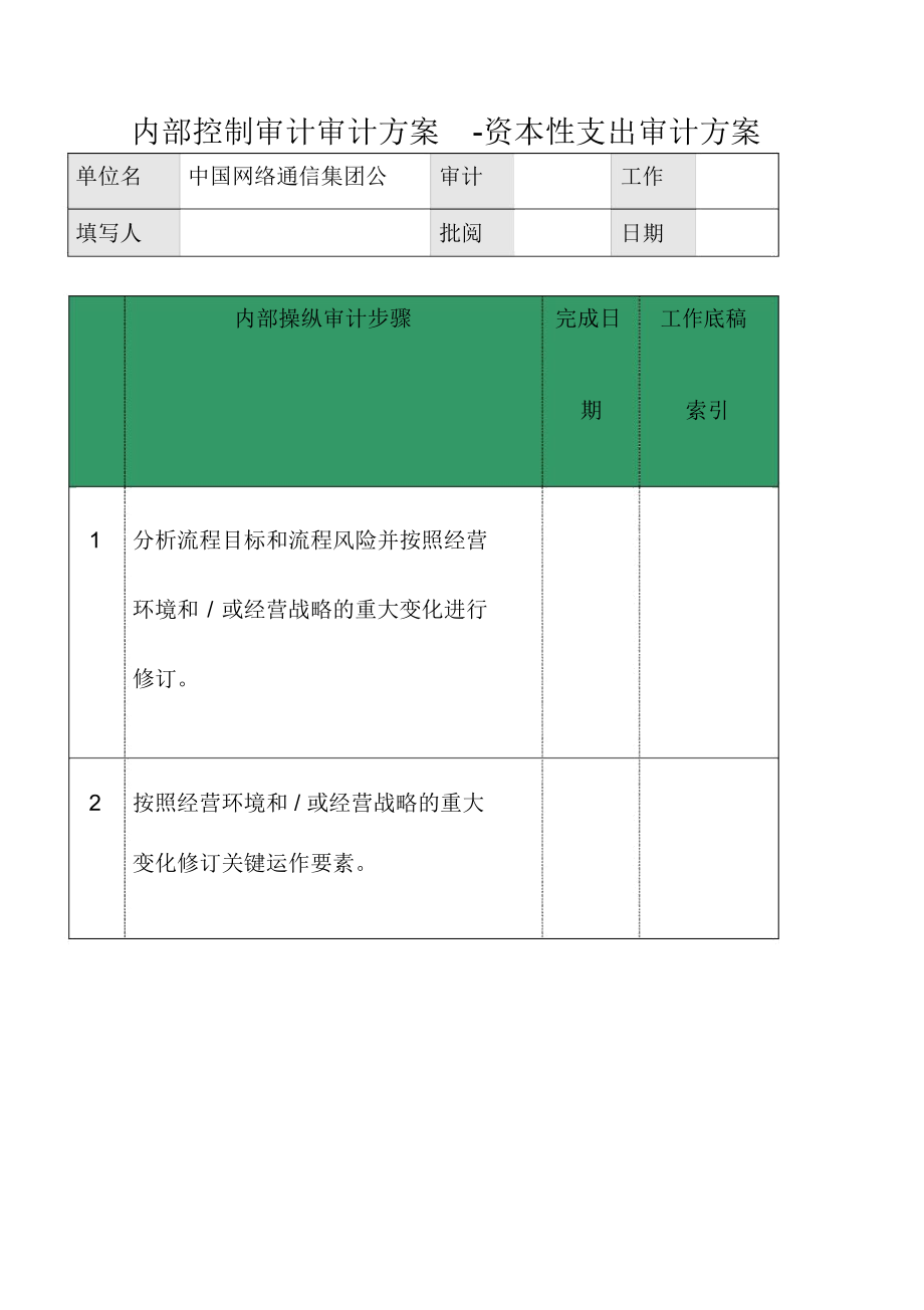 內(nèi)部控制審計審計方案-資本性支出審計方案_第1頁