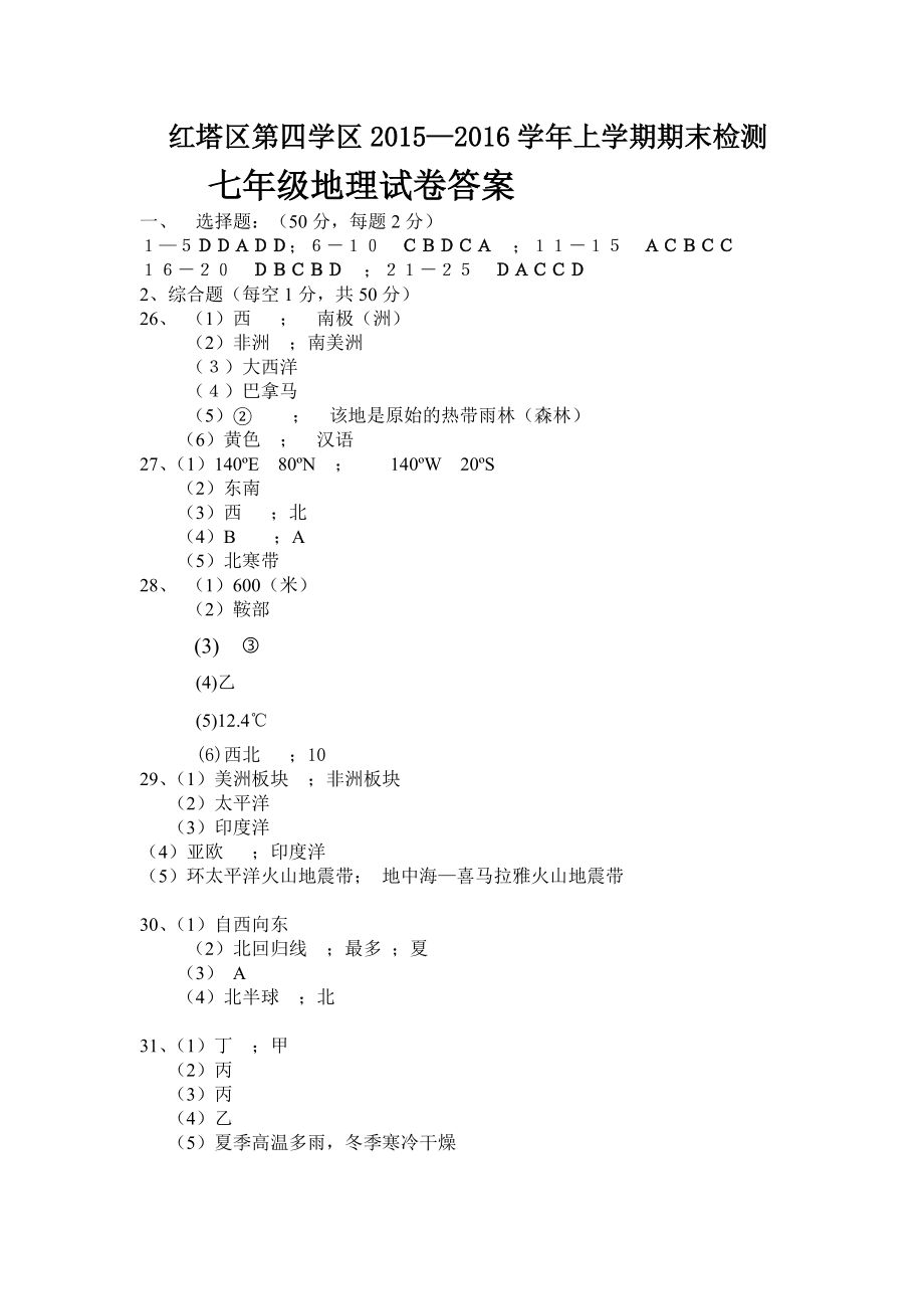 七年級(jí)地理答案_第1頁(yè)