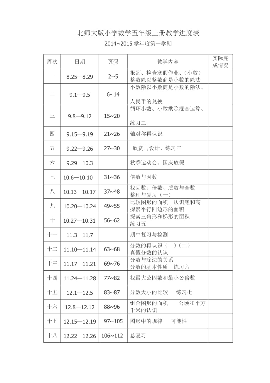 五年級數(shù)學上冊教學進度表_第1頁