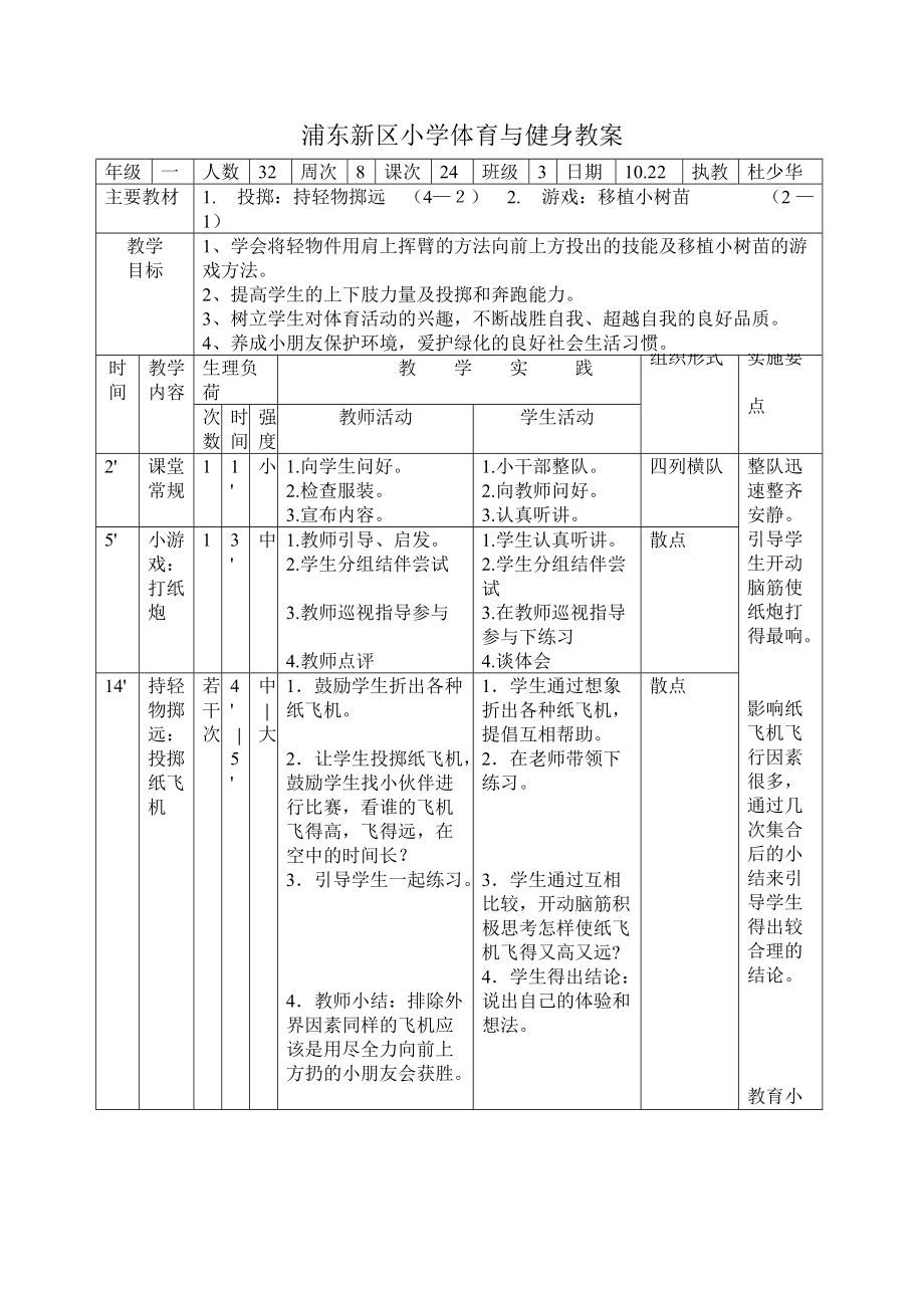 1投擲：持輕物擲遠(yuǎn)?。?—２）　2游戲：移植小樹苗（2—1）_第1頁