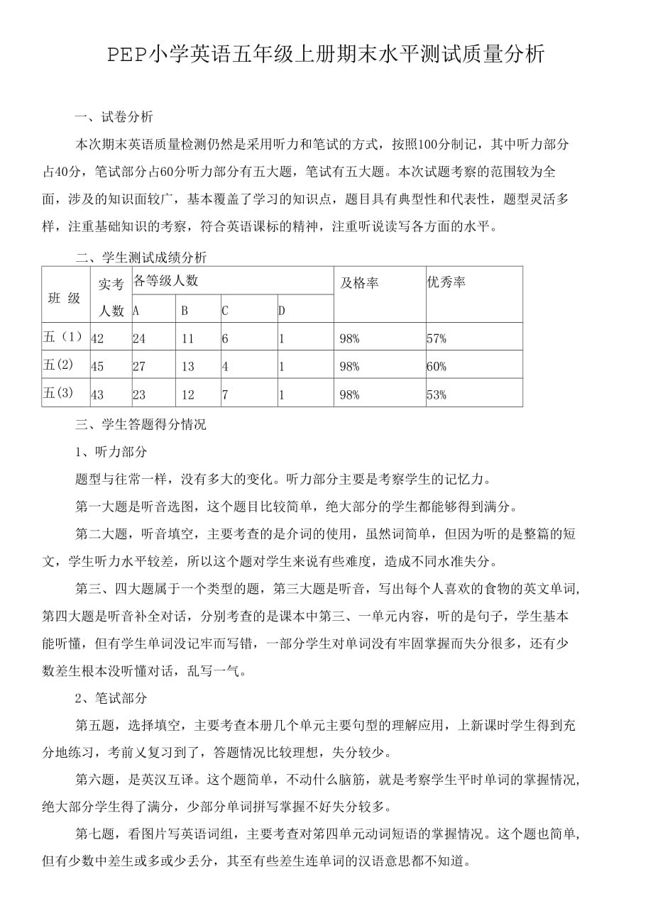 PEP小学英语五年级上册期末水平测试质量分析_第1页