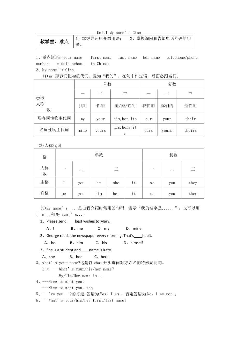 人教版 七年級上冊 英語知識點 全第一單元 unit 1 知識點_第1頁