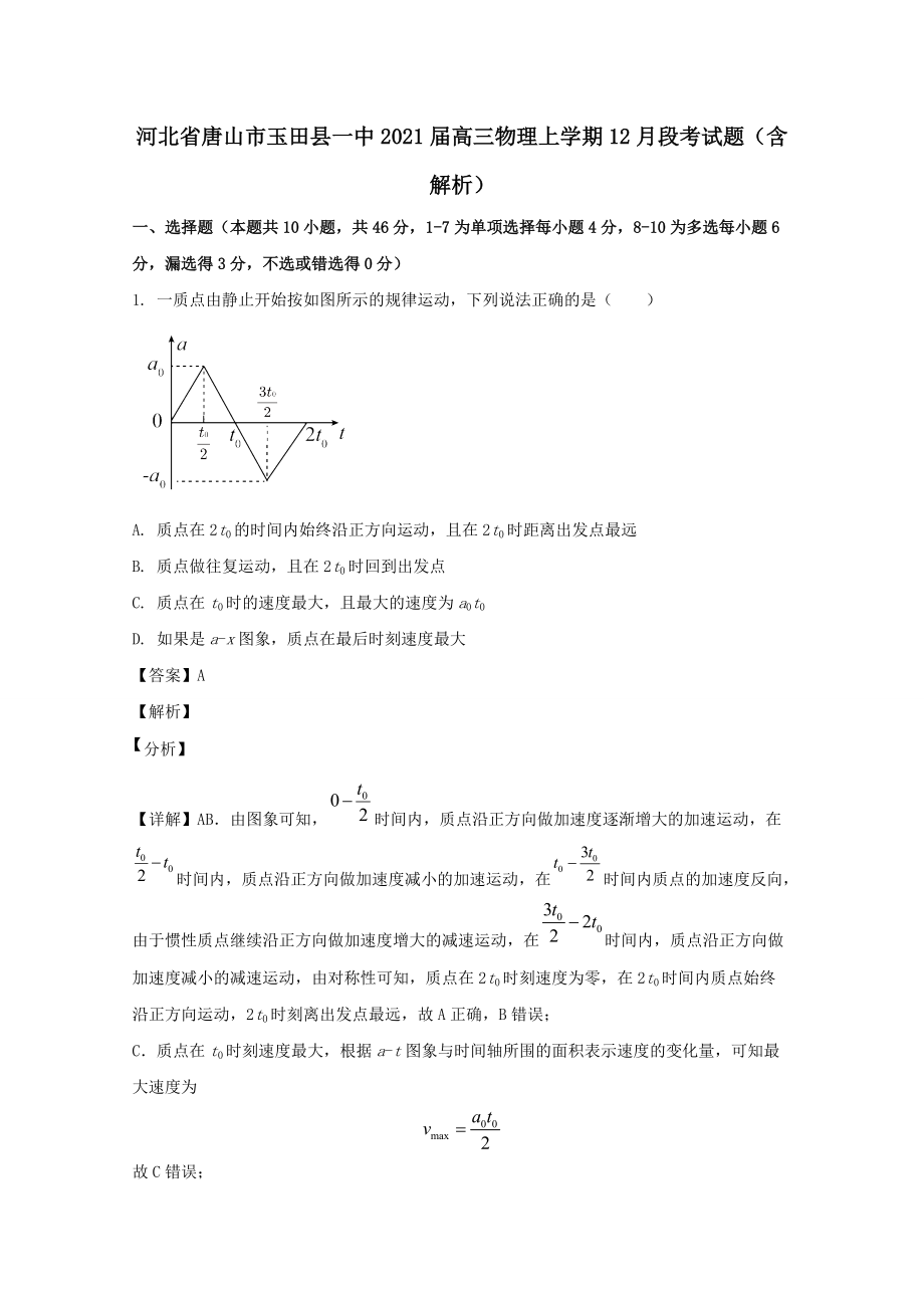 河北省唐山市玉田县一中2021届高三物理上学期12月段考试题（含解析）_第1页