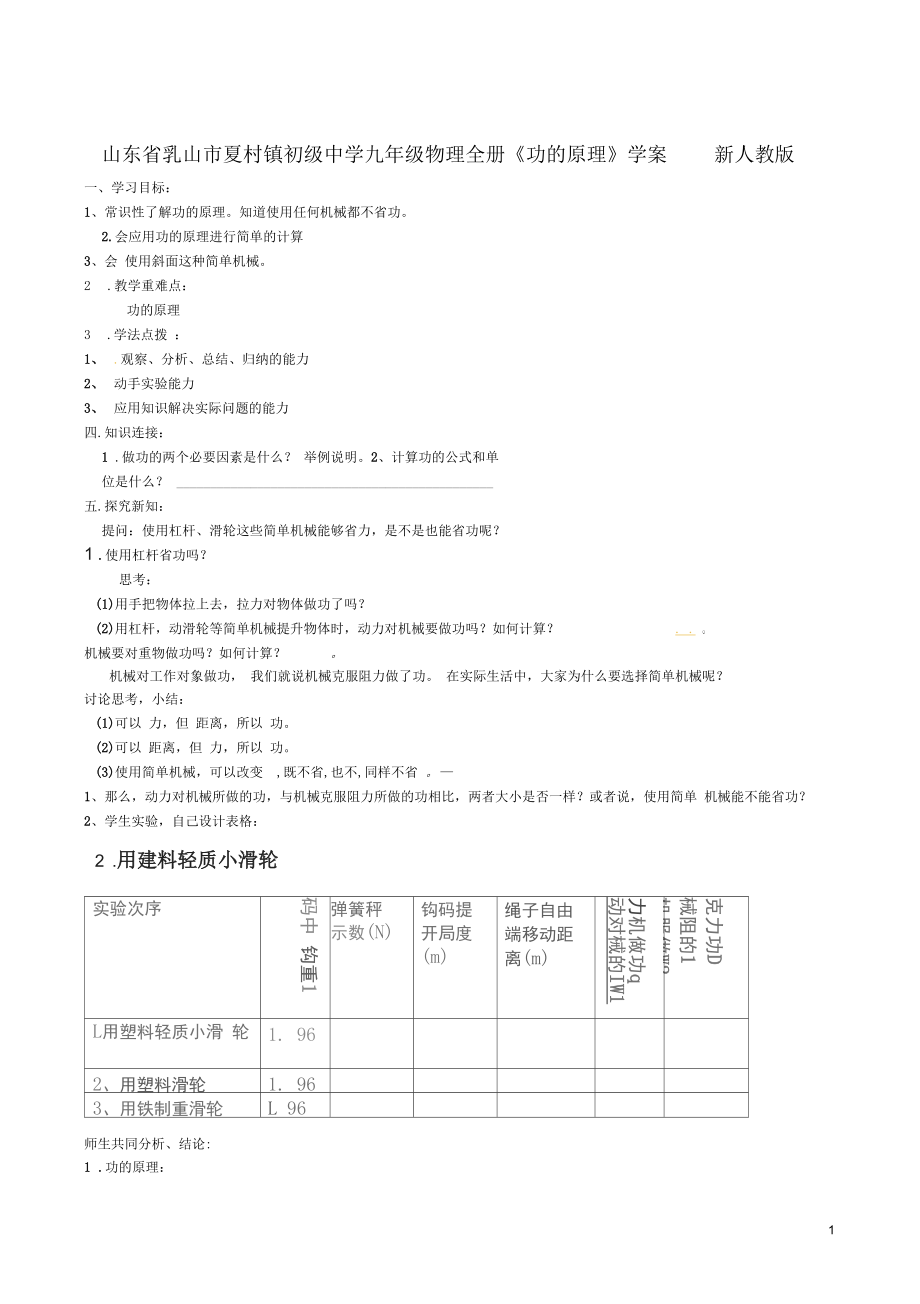 山東省乳山市夏村鎮(zhèn)初級(jí)中學(xué)九年級(jí)物理全冊(cè)《功的原理》學(xué)案(無答案)新人教版_第1頁