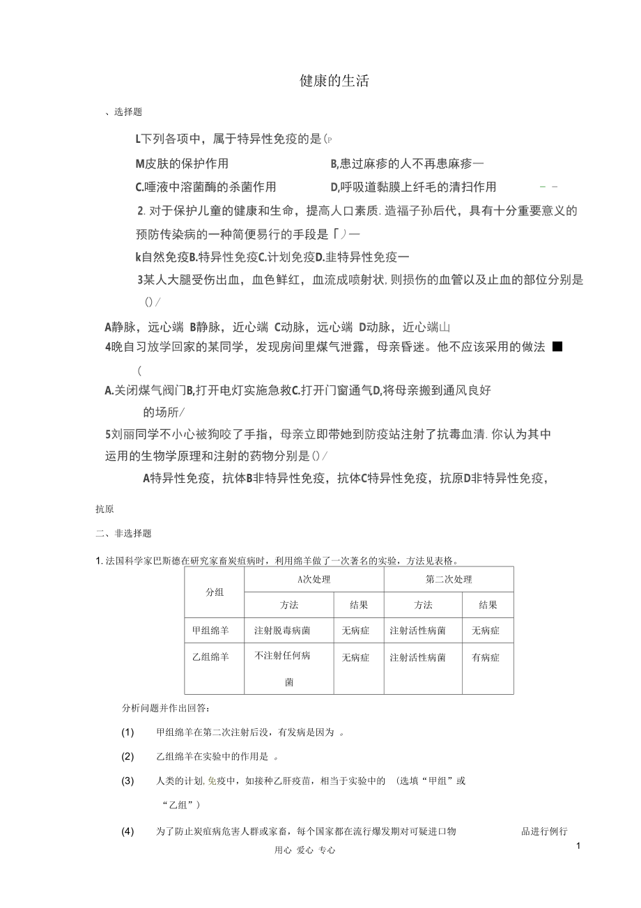 山東省肥城市湖屯鎮(zhèn)八年級生物第24章《健康的生活》練習(xí)(無答案)人教新課標版_第1頁