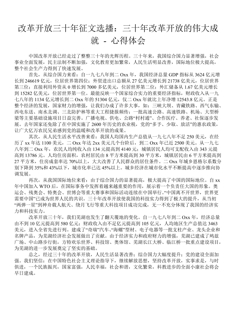 改革开放三十年征文选播：三十年改革开放的伟大成就心得体会_第1页