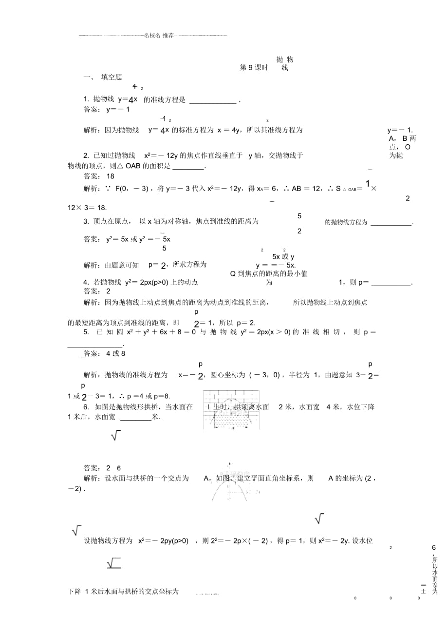 苏教版(理科数学)第9章第9课时抛物线单元测试_第1页
