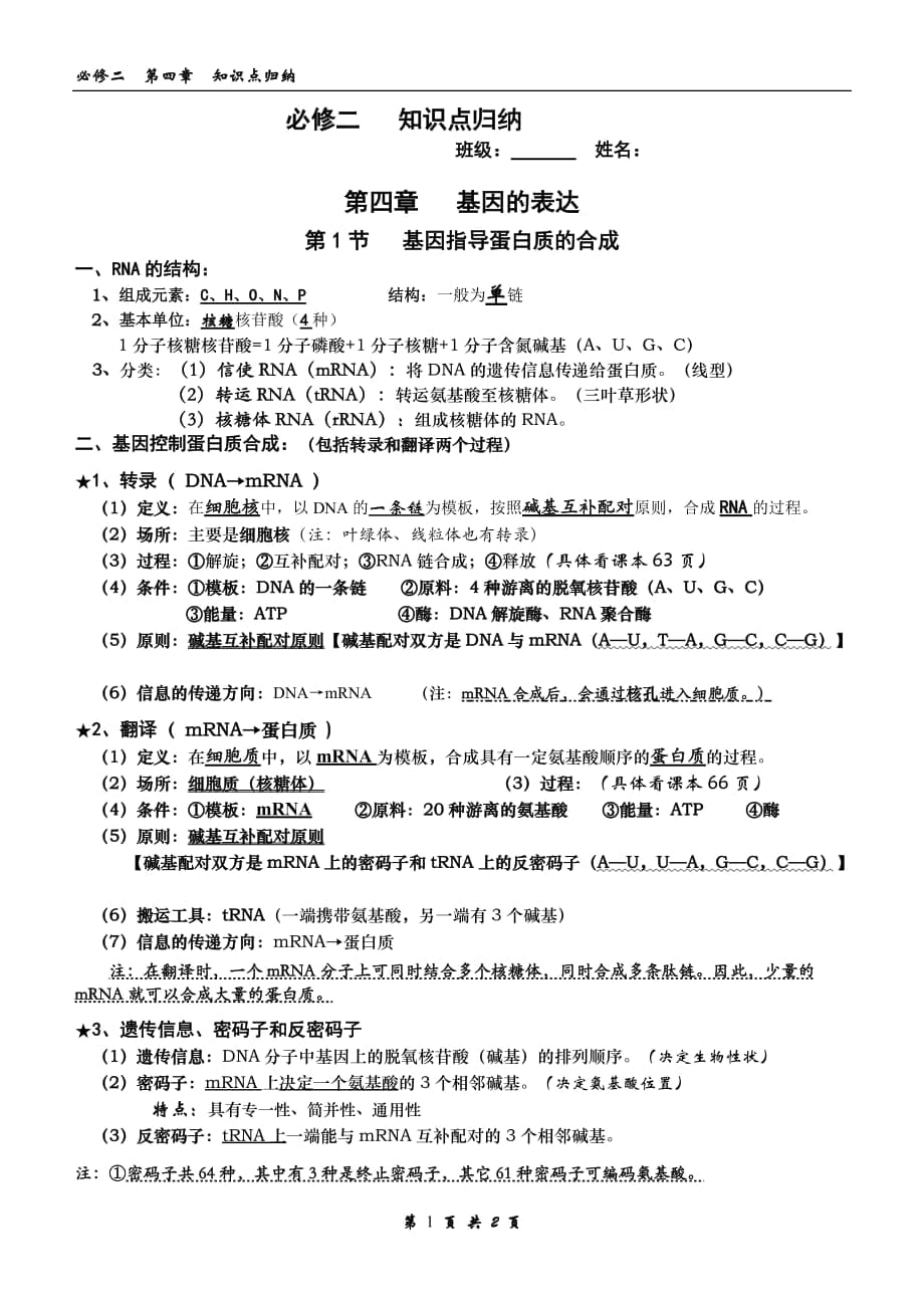 高中生物 人教版必修二第四章知识点总结_第1页