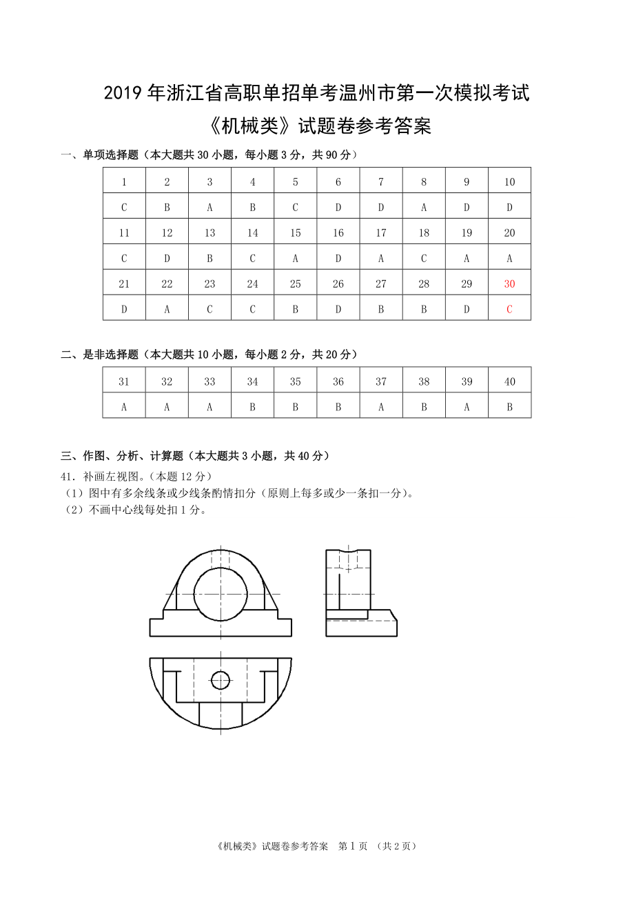 2019年浙江省高職單招單考溫州市第一次模擬考試《機(jī)械類專業(yè)》參考答案_第1頁