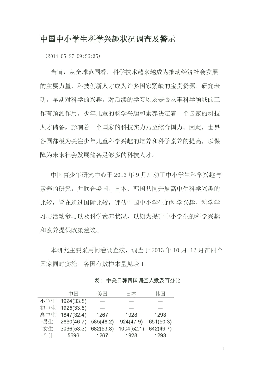 中国中小学生科学兴趣状况调查及警示_第1页