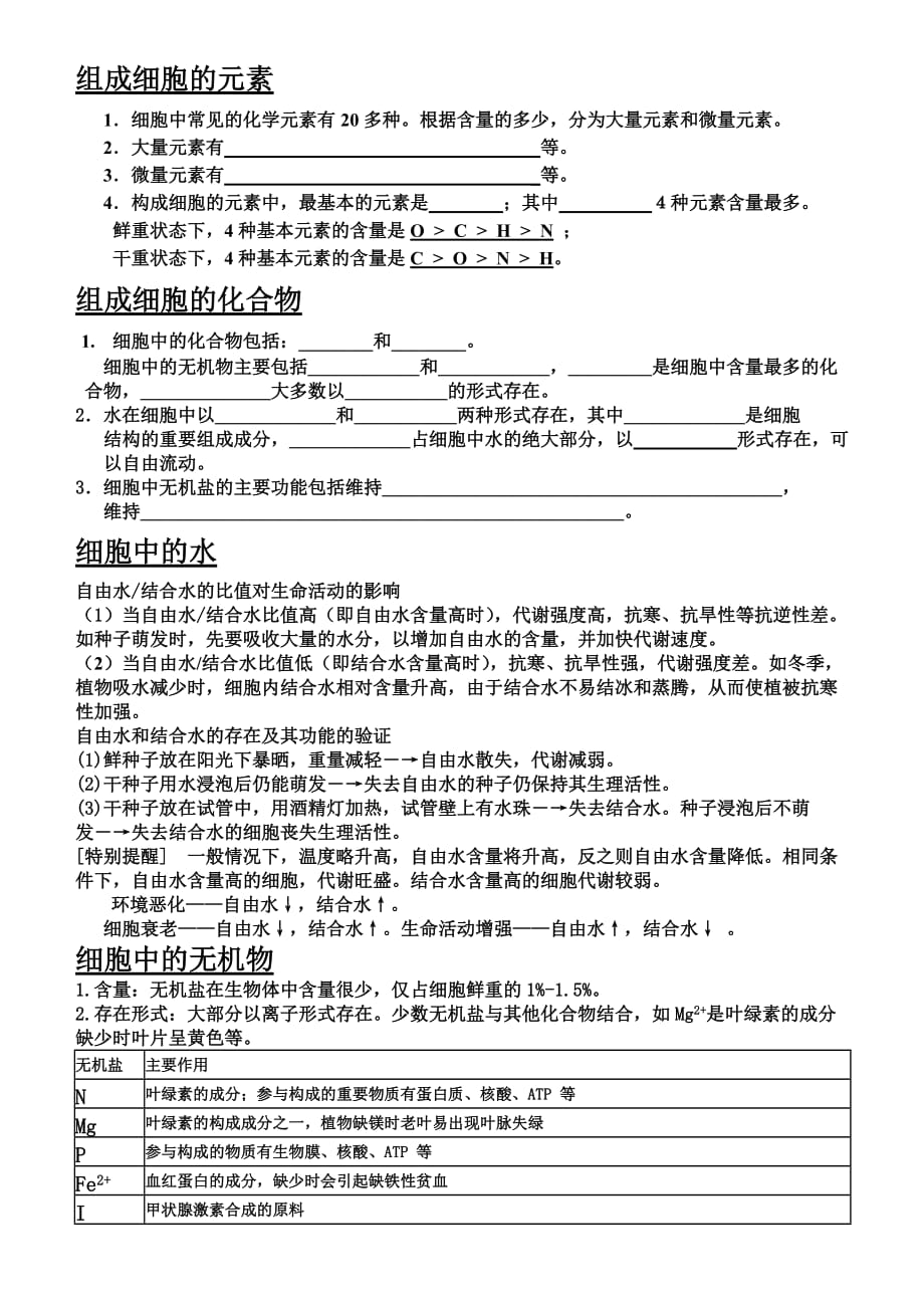 細胞中的元素和化合物知識點匯總_第1頁