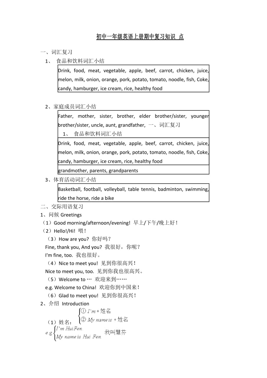 初中一年级英语上册期中复习知识点_第1页