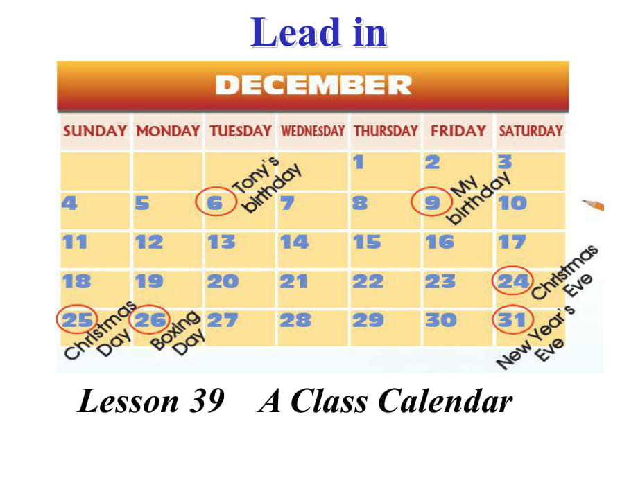 冀教版七年級英語上冊Unit 7 Lesson 39 A Class Calendar)(共20張PPT)_第1頁