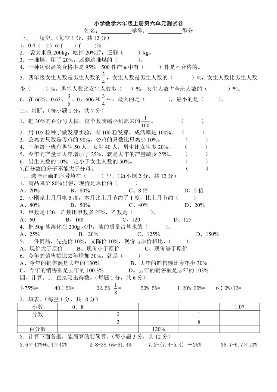 新人教版六數(shù)上冊(cè)第六單元測(cè)試卷_第1頁(yè)