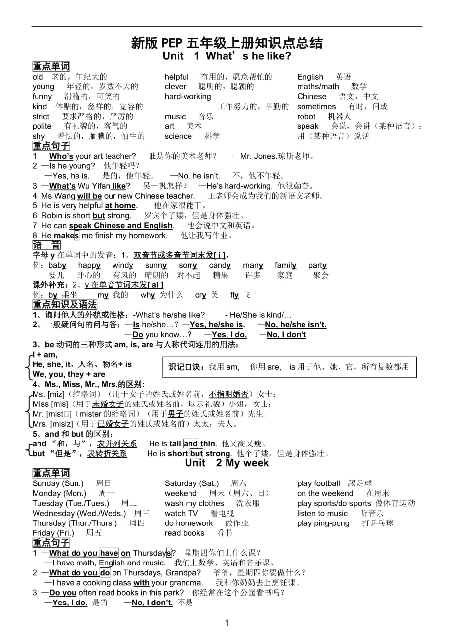 2017新人教版PEP五年级英语上册各单元知识点总结_第1页