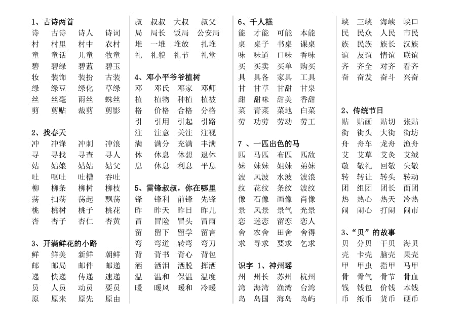 2019新部编人教版二年级下册语文写字表 一类字组词(25课)_第1页