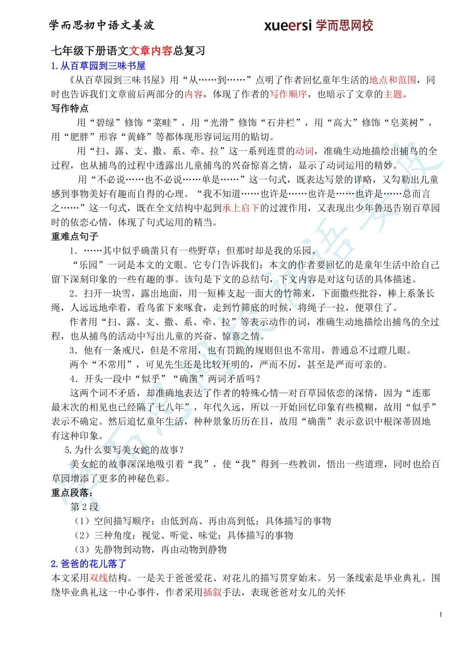 人教版初一下學期期末復習資料之文章內(nèi)容篇_第1頁