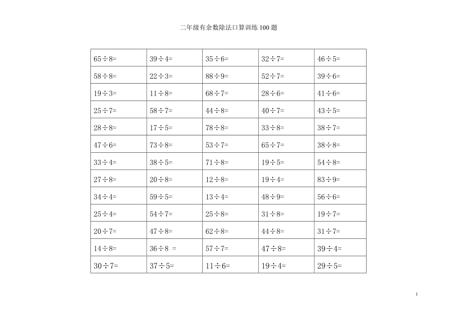 二年级有余数除法口算训练100题_第1页