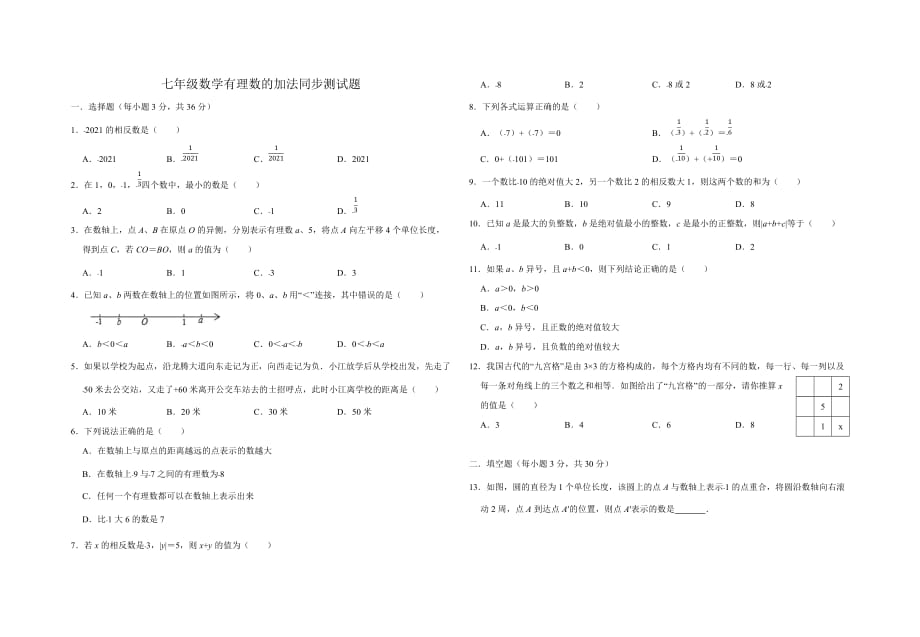 2020年秋人教版七年级数学上册 第1章有理数 有理数的加法同步测试题_第1页