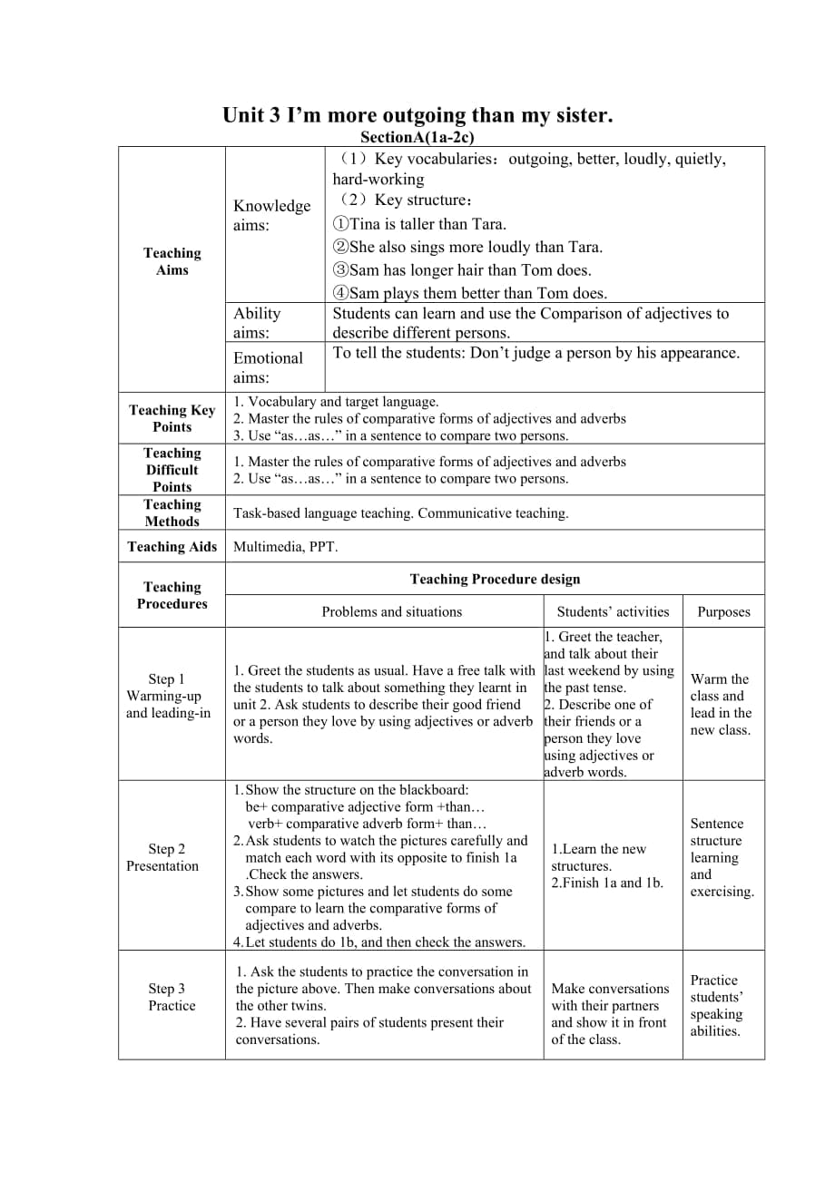 人教版八上Unit 3 Section A(1a-2c)教学设计_第1页