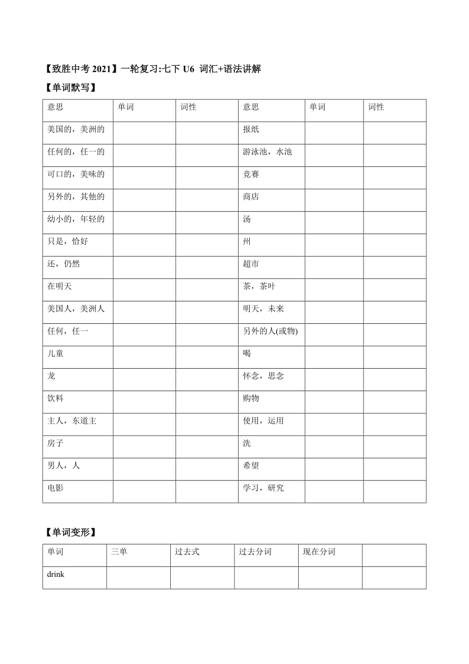 【致勝中考2021】七年級下冊Unit 6 2021屆人教版英語中考一輪復習（詞匯 語法講解）_第1頁