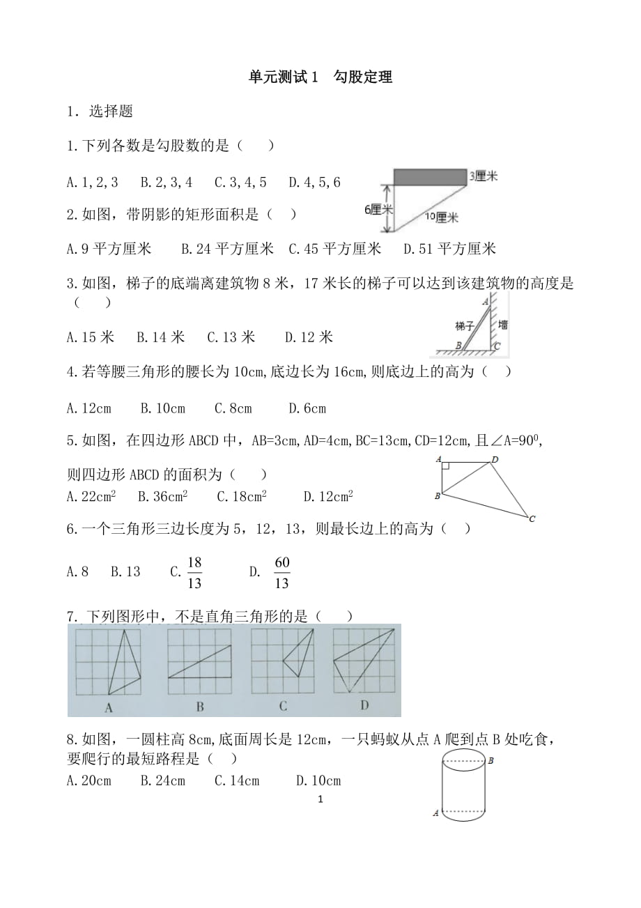 北師大版八年級數(shù)學上冊 單元測試1勾股定理（無答案）_第1頁