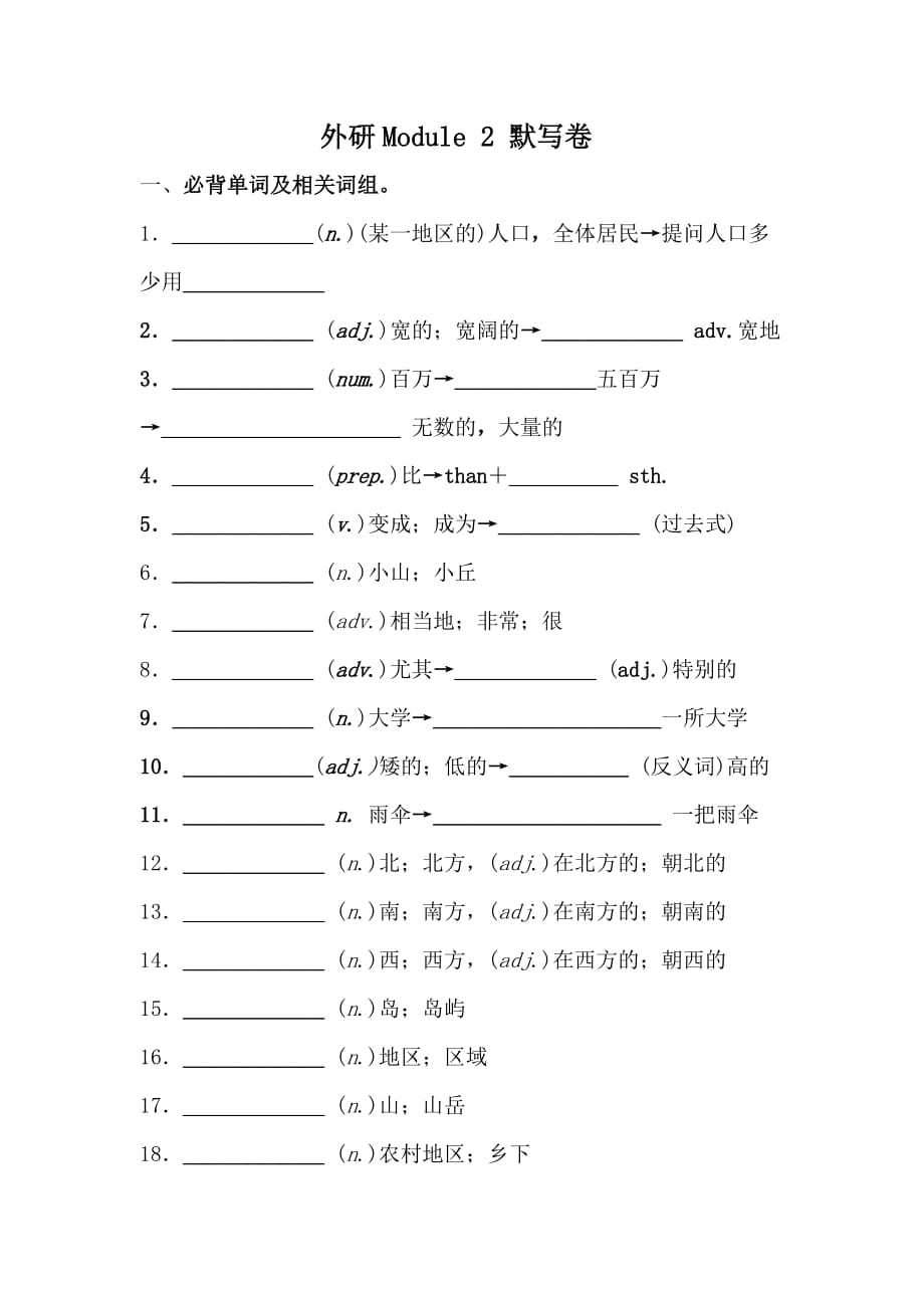 外研版八年級(jí)英語(yǔ)上冊(cè)Module 2 考前必背詞匯、短語(yǔ)、句子自測(cè)聽(tīng)寫默寫卷(有答案）_第1頁(yè)