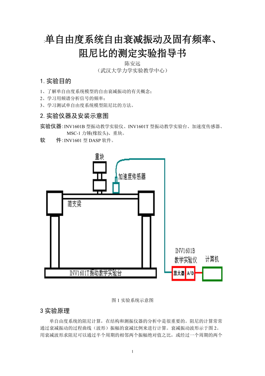 單自由度系統(tǒng)自由衰減振動及固有頻率、阻尼比(共6頁)_第1頁