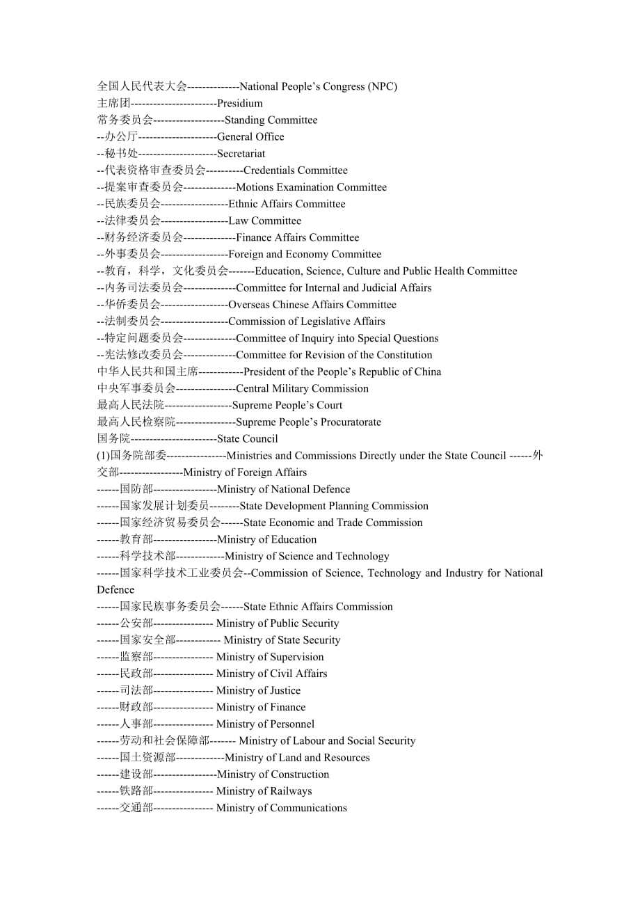 各種中國(guó)政府部門(mén)的英文說(shuō) 法_第1頁(yè)