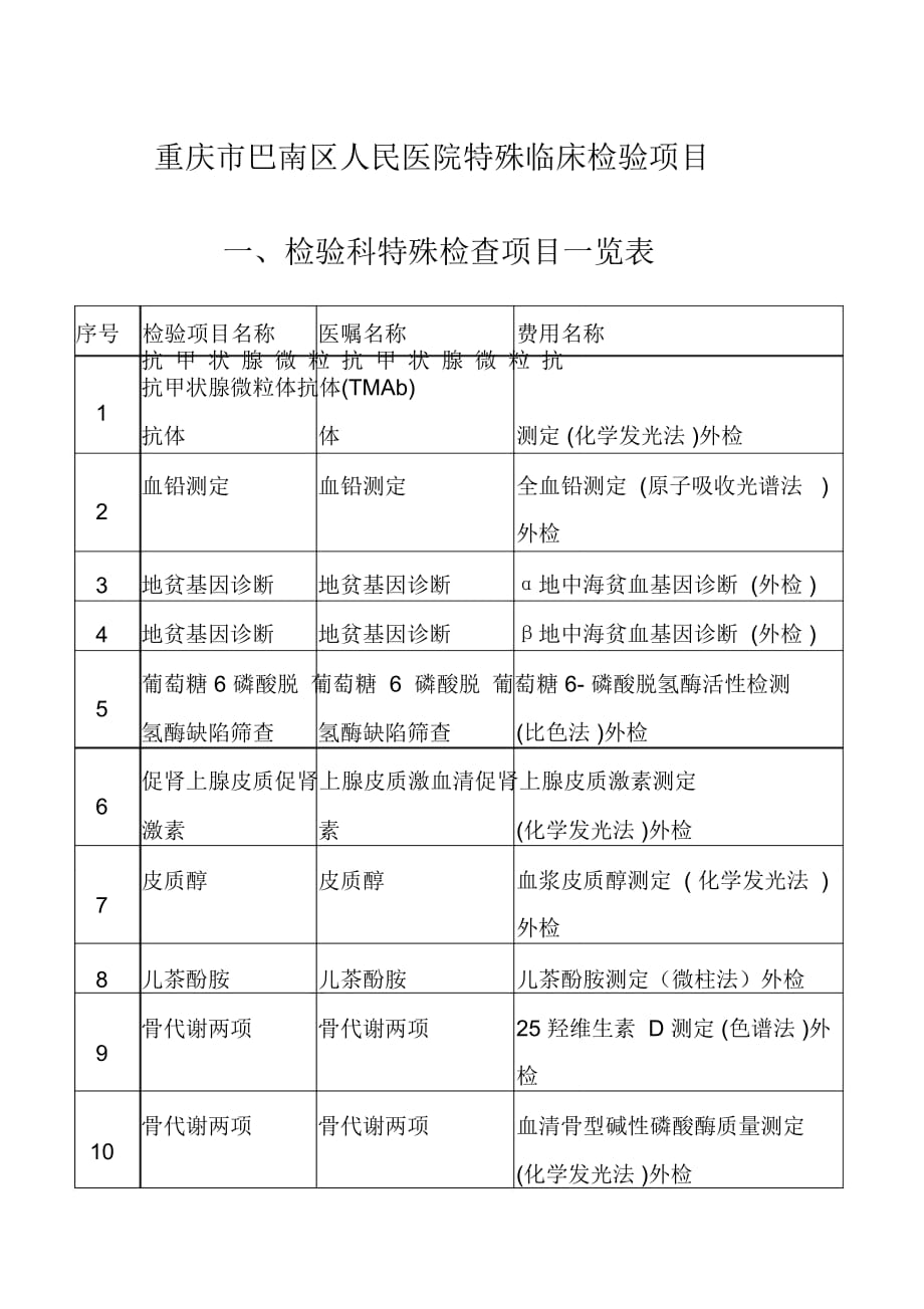 重庆巴南区人民医院特殊临床检验项目检验科特殊检查项目_第1页