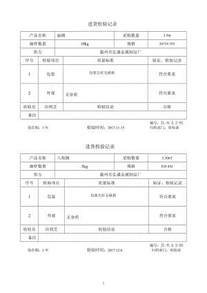 進(jìn)貨檢驗(yàn)記錄