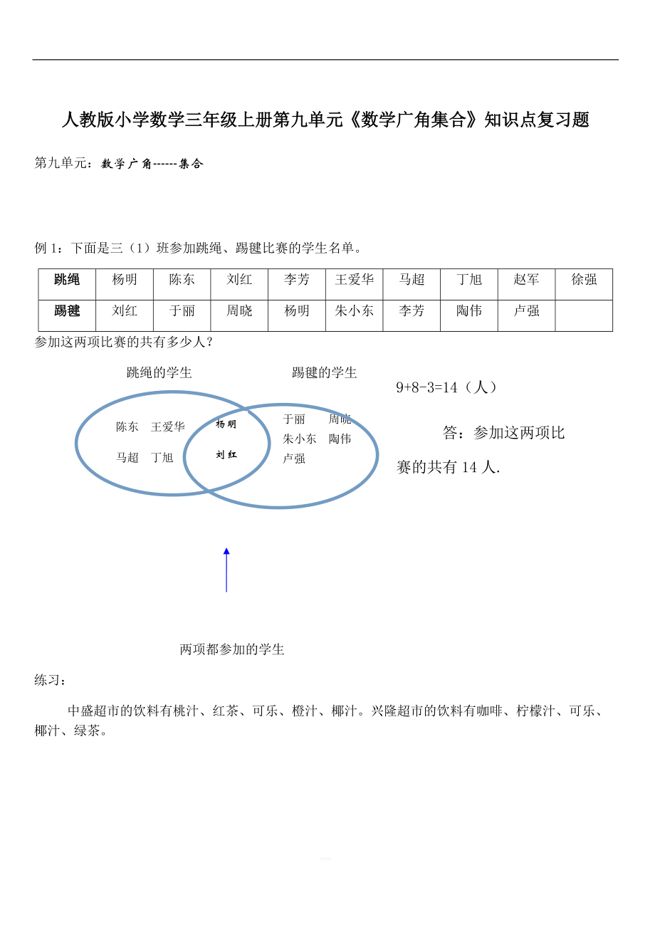 2020人教版小學數(shù)學三年級上冊第九單元《數(shù)學廣角集合》知識點復習題_第1頁