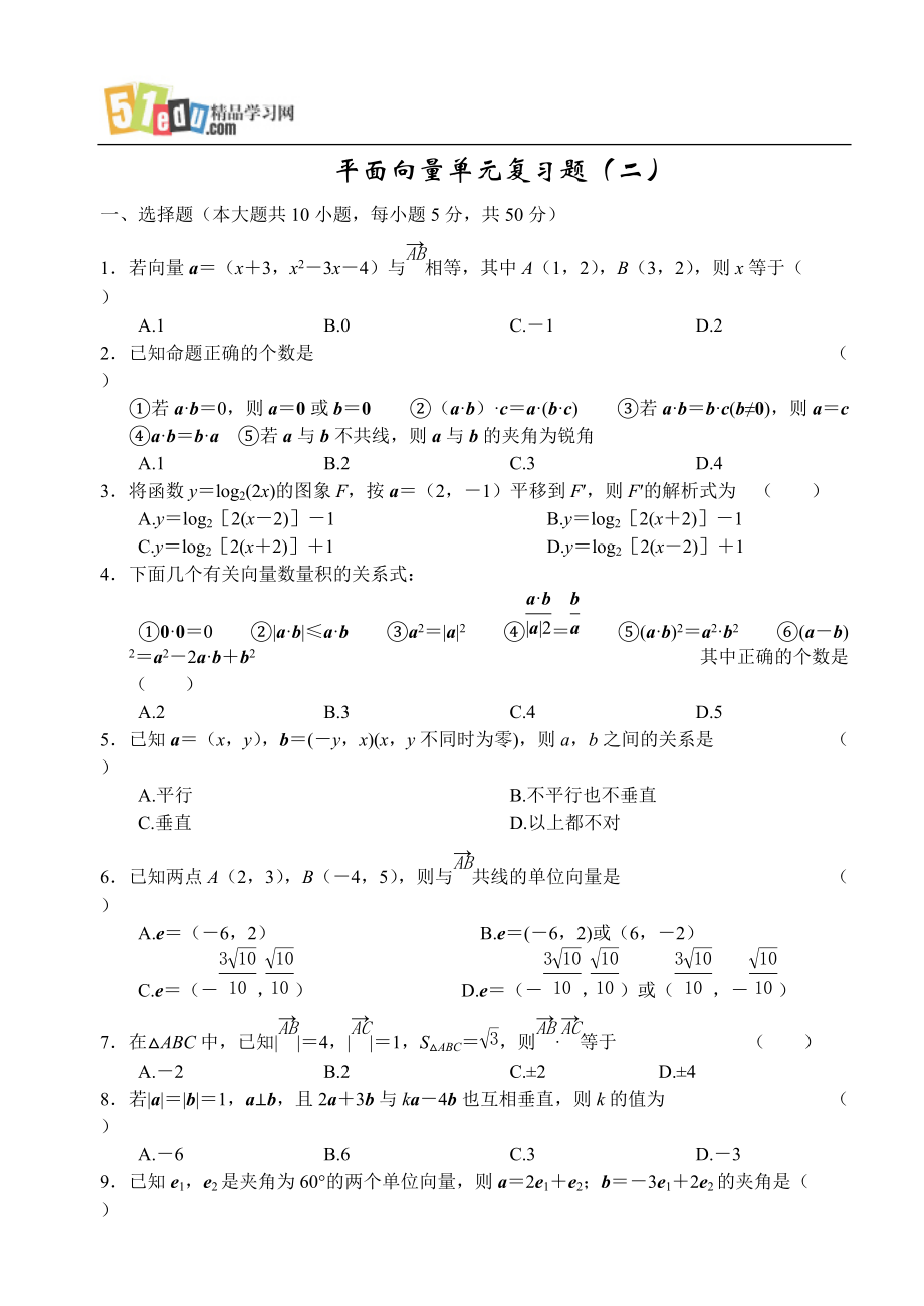 高中数学试题：平面向量单元复习题(二)_第1页