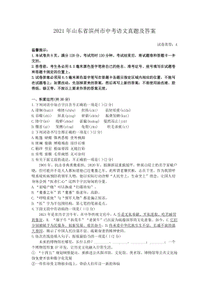 2021年山東省濱州市中考語文真題及答案