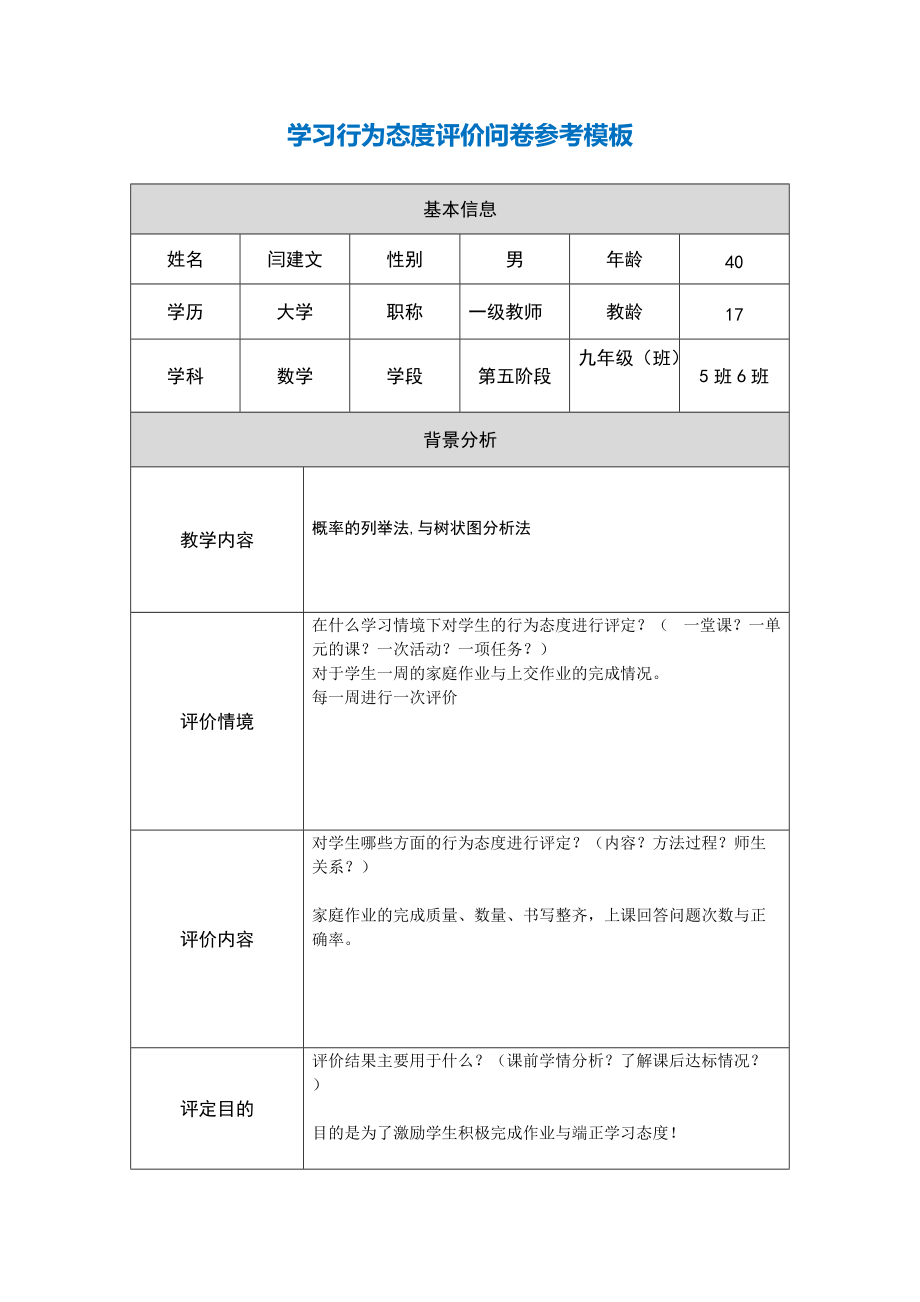 閆建文第五階段【參考模板】行為態(tài)度評價問卷_第1頁