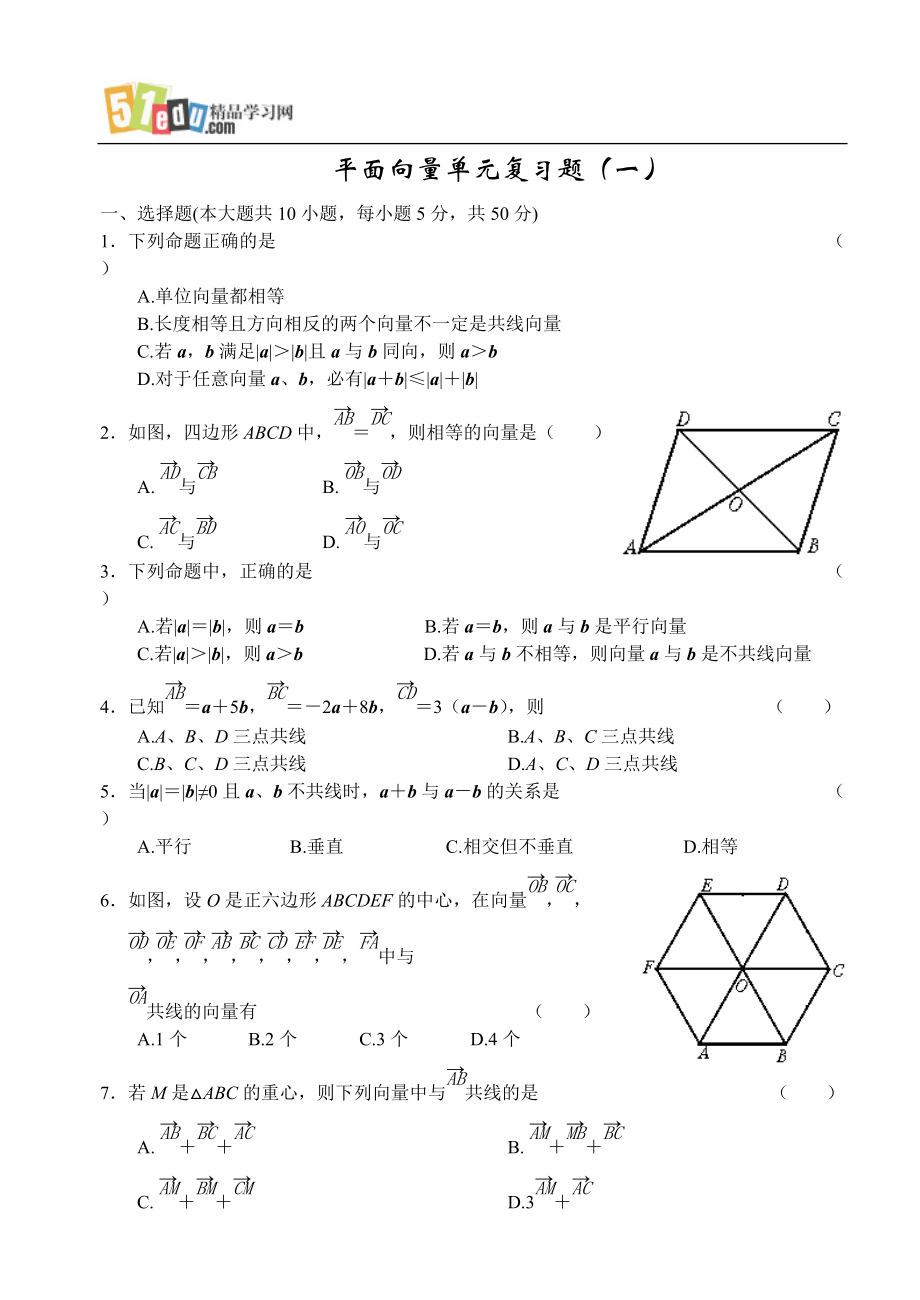 高中数学试题：平面向量单元复习题(一)_第1页