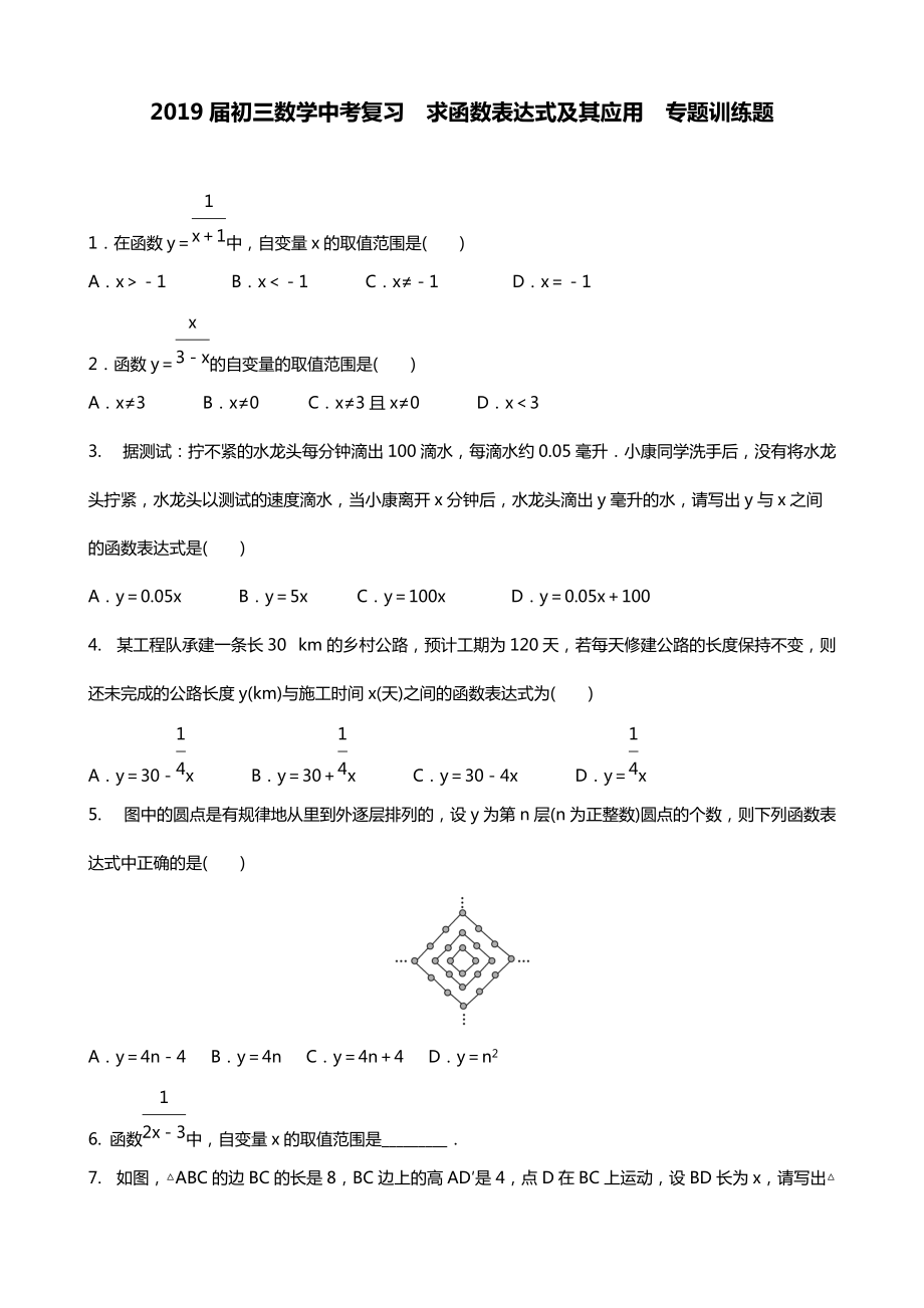 2019届初三数学中考复习求函数表达式及其应用 专题训练题含答案_第1页