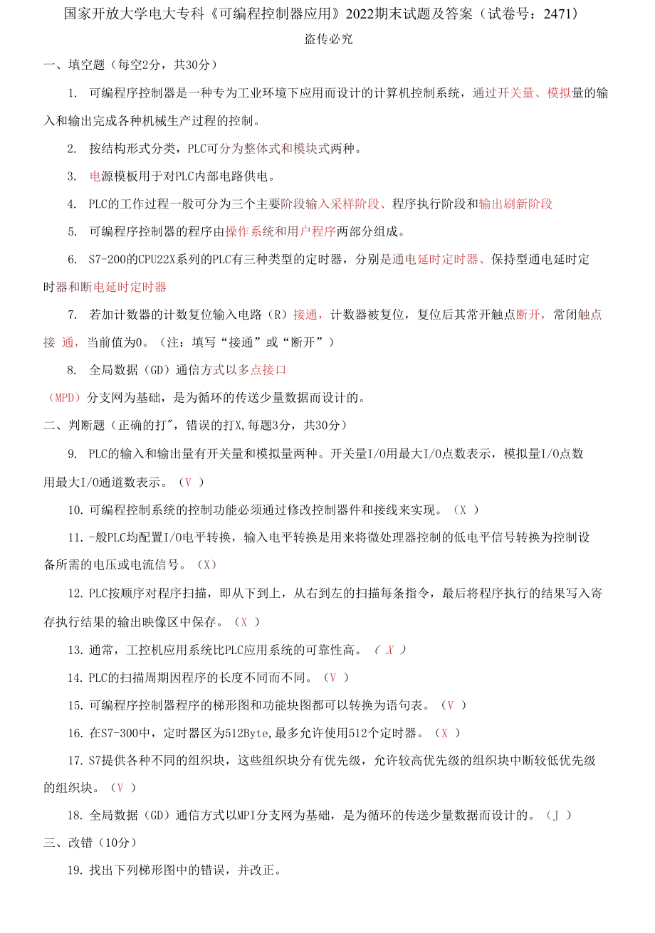 (2021更新）國家開放大學電大?？啤犊删幊炭刂破鲬谩?022期末試題及答案（試卷號：2471）_第1頁