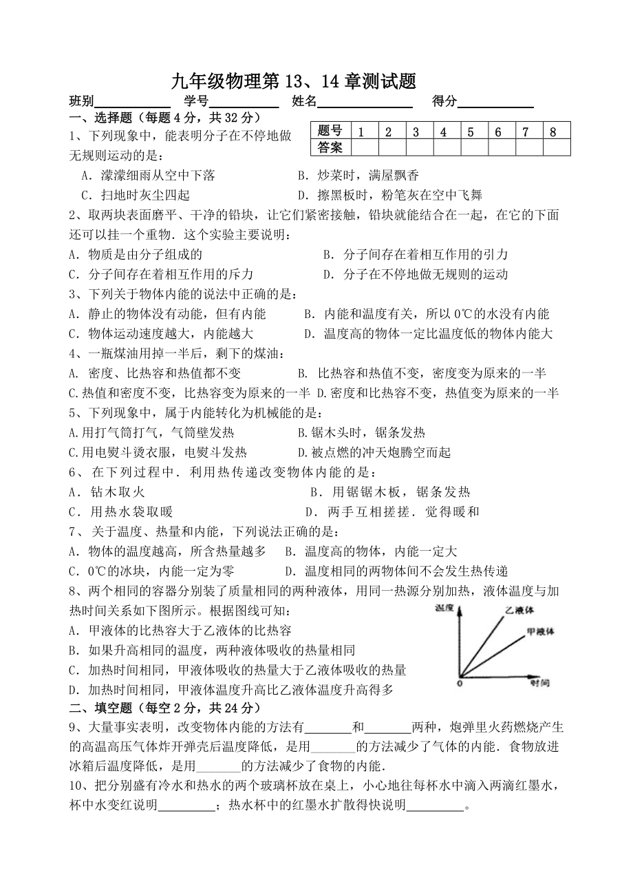 九年級物理第13、14章測試題_第1頁