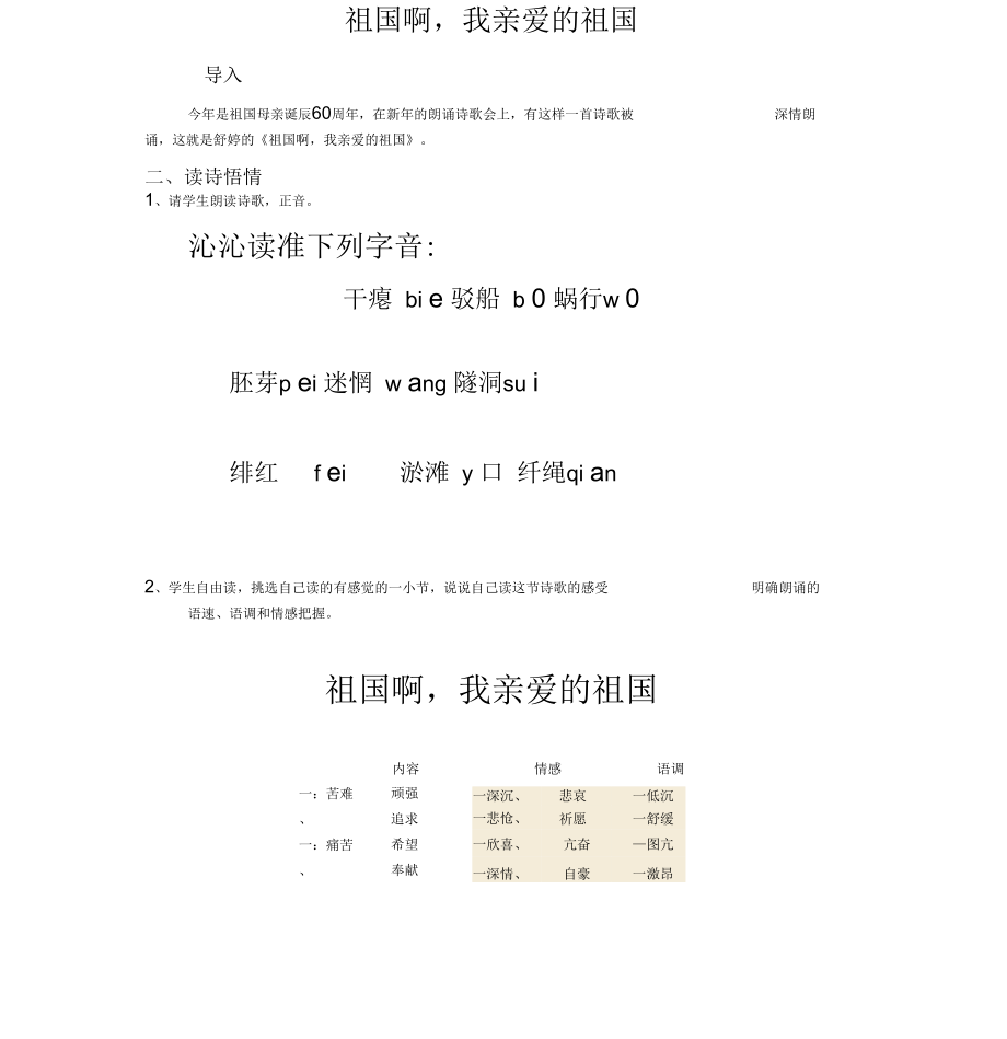 人教版初三語文下冊《祖國啊,我親愛的祖國》教案及反思_第1頁