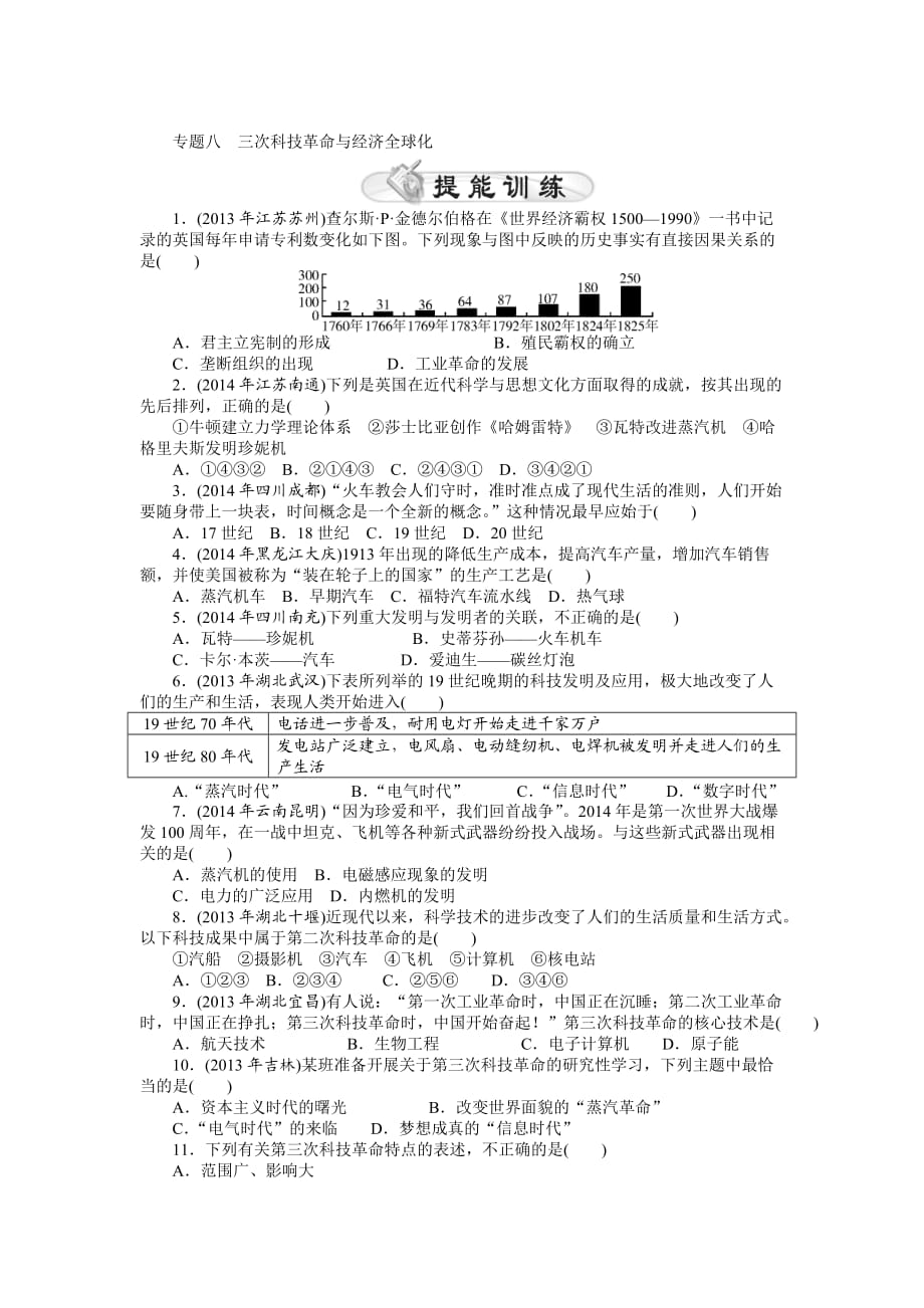 2015年《中考風(fēng)向標(biāo)》中考?xì)v史專題整合練：專題八+三次科技革命與經(jīng)濟(jì)全球化_第1頁(yè)