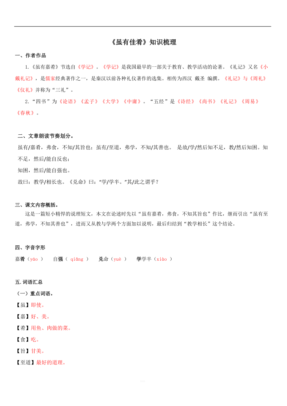 2021部編版八年級(jí)語(yǔ)文下冊(cè)文言文知識(shí)點(diǎn)《雖有佳肴》【帶解析】_第1頁(yè)