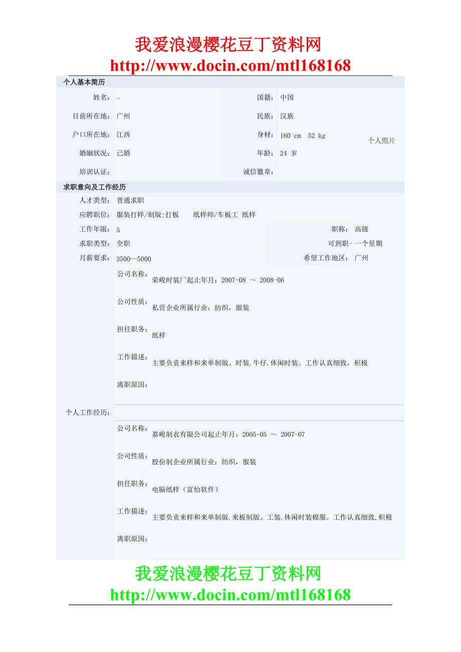 紙樣師類專業(yè)個人簡歷表格_第1頁