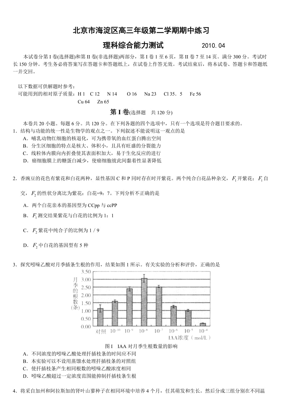 海淀區(qū)高考一模理綜試題及答案_第1頁